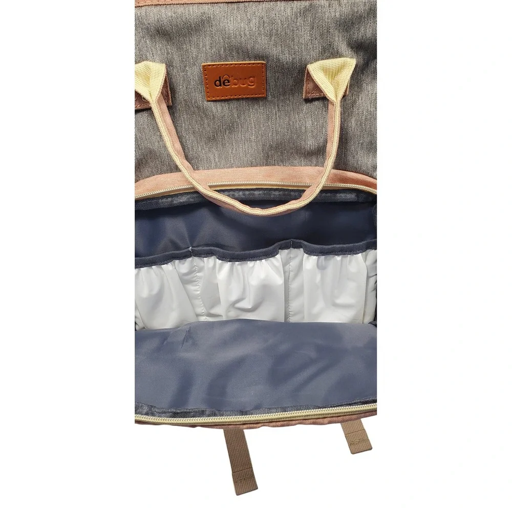 deBug Diaper Bag Backpack Portable Bassinet Changing Station Pink Grey Canvas